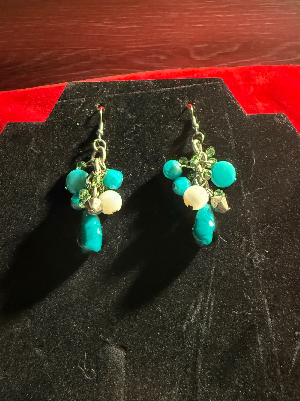 Vintage Turquoise Beaded Dangle Earrings Silver Tone Cluster Drop Boho